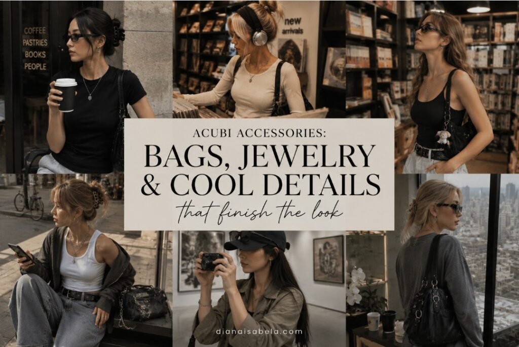Acubi accessories styling ideas with black shoulder bags, silver jewelry, headphones, sunglasses, belts, loose denim, fitted tops, and modern city outfits