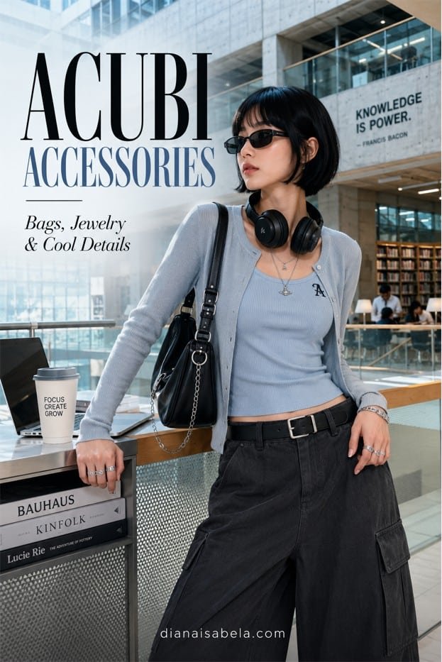 Acubi accessories outfit with black shoulder bag, silver jewelry, sunglasses, headphones, belt detail, fitted blue top, cargo pants, and modern study space styling