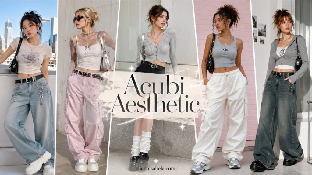 Acubi aesthetic collage with women wearing baby tees, mesh layers, cargo pants, baggy jeans, mini skirt, chunky sneakers, shoulder bags, and silver jewelry
