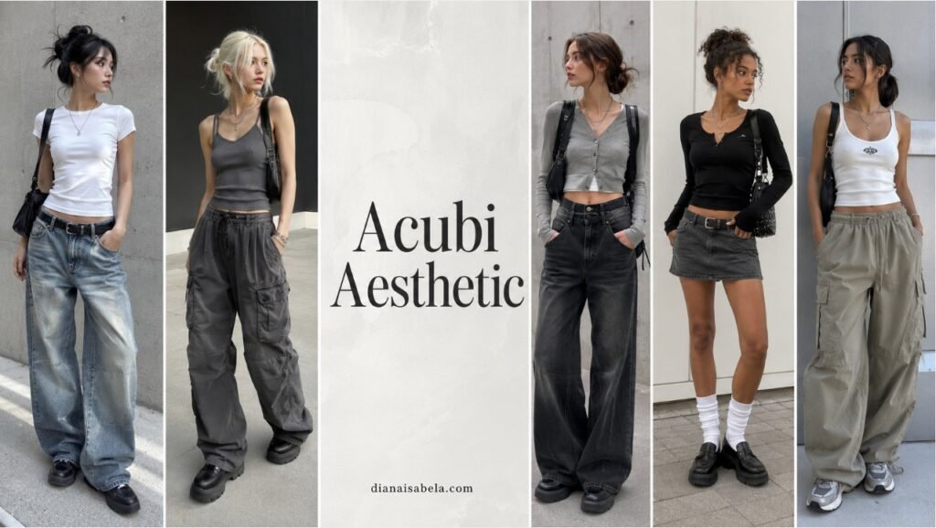 Acubi aesthetic collage with women wearing fitted tops, baggy jeans, cargo pants, mini skirt, grey hoodie, chunky shoes, shoulder bags, and silver jewelry