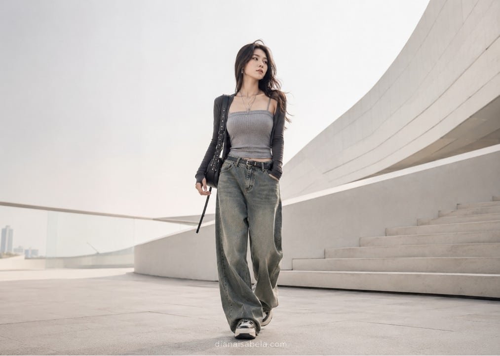 Woman wearing Acubi aesthetic outfit with grey fitted top, wide-leg jeans, silver jewelry, shoulder bag, and chunky sneakers