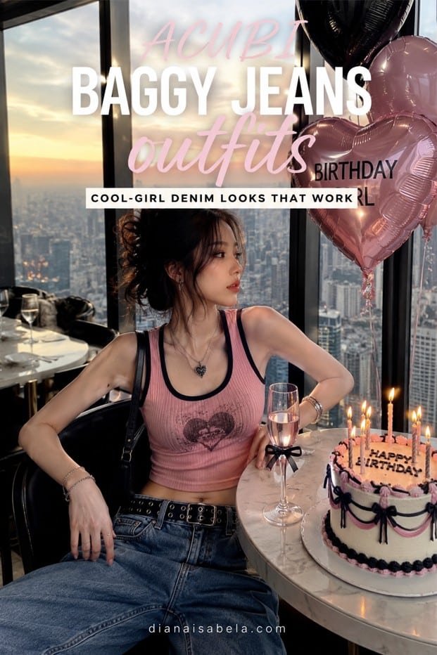 Acubi baggy jeans outfit with a fitted pink top, loose denim, black accessories, silver jewelry, and birthday city styling