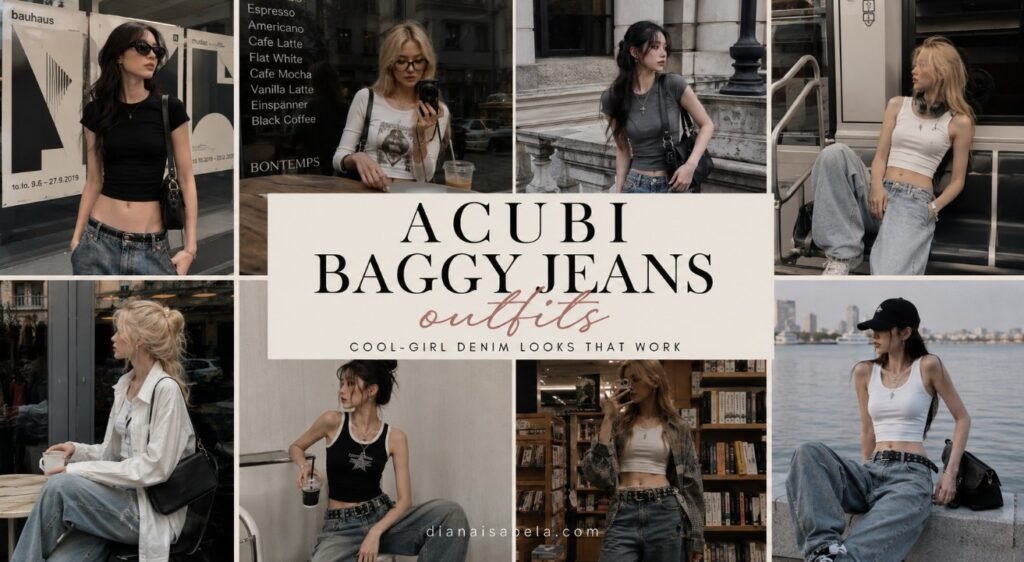 Acubi baggy jeans outfit ideas with fitted tops, loose denim, black accessories, headphones, cafe styling, city looks, and cool-girl denim formulas
