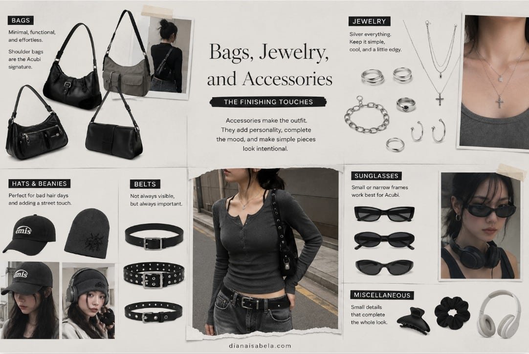 Acubi accessories collage with black shoulder bags, silver jewelry, belts, hats, beanies, sunglasses, headphones, and hair accessories