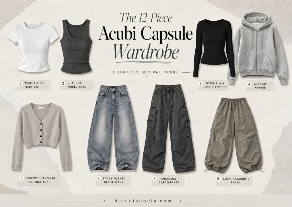 Acubi capsule wardrobe essentials with white baby tee, charcoal ribbed tank, black long sleeve top, grey zip hoodie, cropped cardigan, baggy denim jeans, cargo pants, and khaki parachute pants