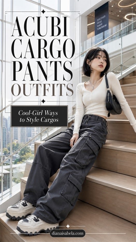 Acubi cargo pants outfit with cream fitted top, charcoal cargo pants, chunky sneakers, black shoulder bag, silver jewelry, and bright modern city styling