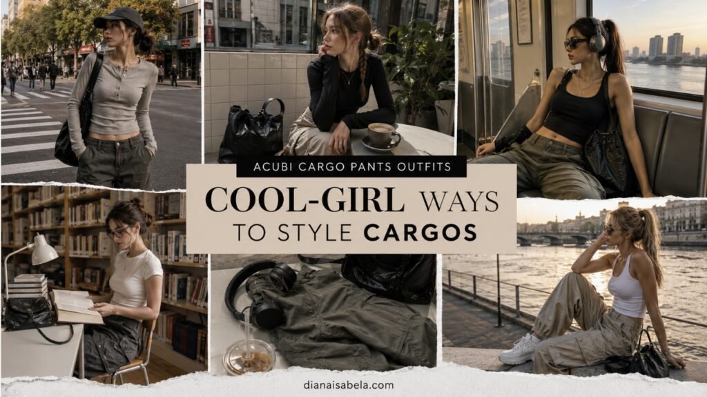 Acubi cargo pants outfit ideas with fitted tops, khaki cargos, charcoal cargos, chunky sneakers, black bags, headphones, silver jewelry, and modern city styling