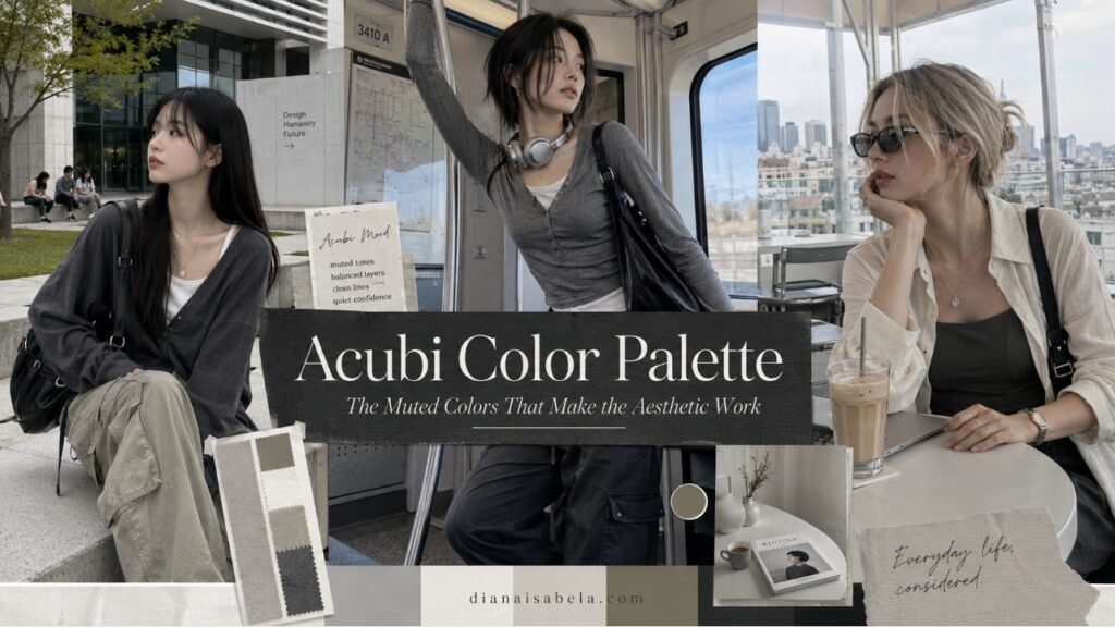 Acubi color palette styling ideas with muted grey, black, cream, khaki, washed denim, fitted tops, cargo pants, black bags, and modern city outfits