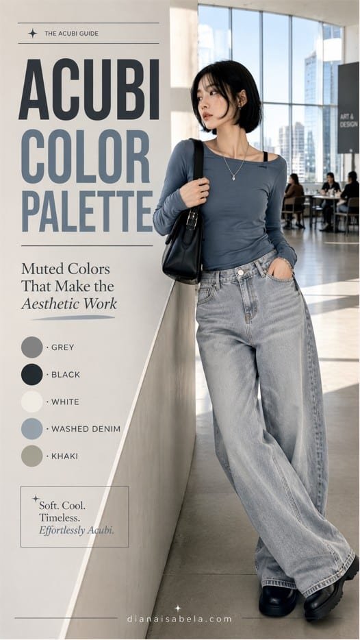 Acubi color palette guide with grey, black, white, washed denim, khaki, fitted top, loose jeans, black bag, silver jewelry, and modern city styling