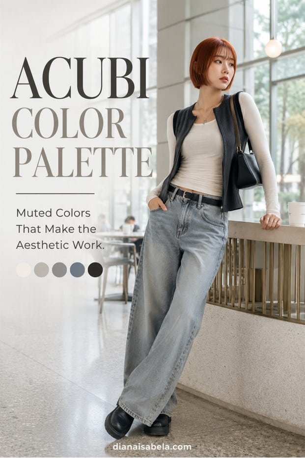 Acubi color palette outfit with cream top, charcoal vest, washed denim, black bag, black shoes, silver jewelry, and muted modern styling