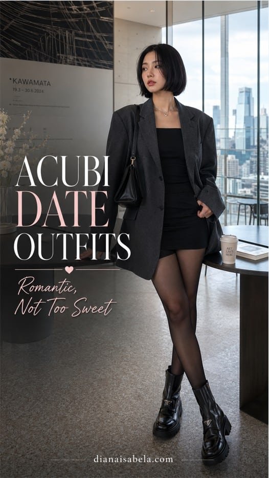 Acubi date outfit with black mini skirt, oversized charcoal blazer, fitted black top, sheer tights, chunky black boots, black shoulder bag, silver jewelry, and modern gallery styling