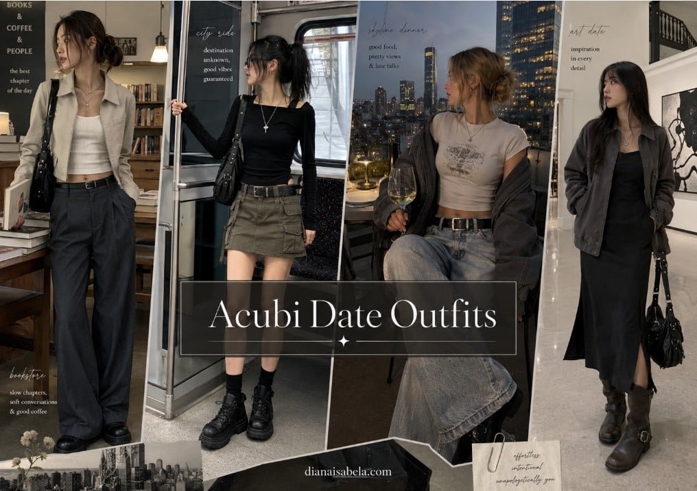 Acubi date outfit ideas with fitted tops, mini skirts, wide trousers, simple dresses, oversized jackets, boots, black bags, silver jewelry, and muted city styling