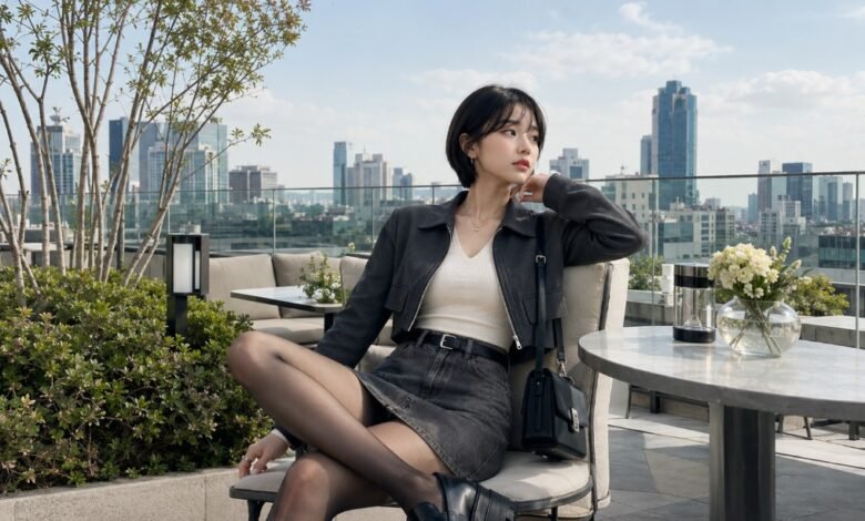 Acubi date outfit with black mini skirt, cream fitted top, cropped charcoal jacket, sheer tights, chunky black boots, black shoulder bag, silver jewelry, and rooftop city styling
