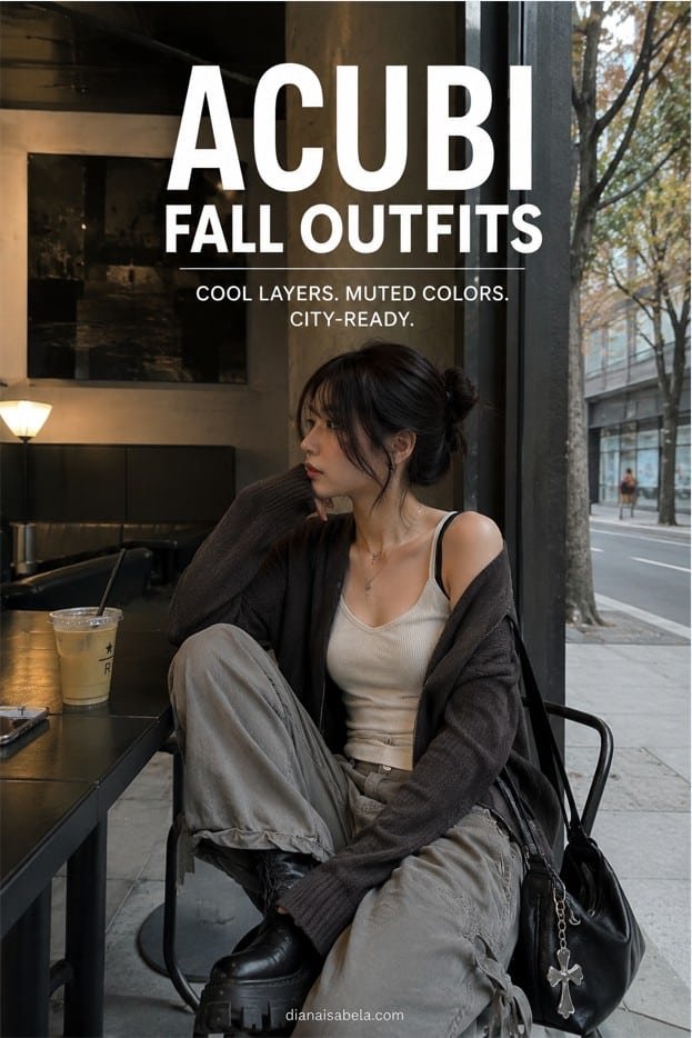 Acubi fall outfit with cream tank, dark cardigan, loose grey cargo pants, black boots, black shoulder bag, silver jewelry, and muted city styling