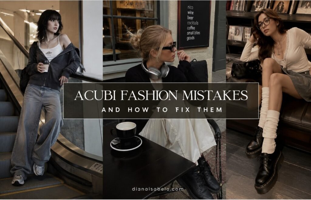 Acubi fashion mistakes styling edit with loose denim, fitted tops, boots, sneakers, layered outfits, black accessories, and city lifestyle looks