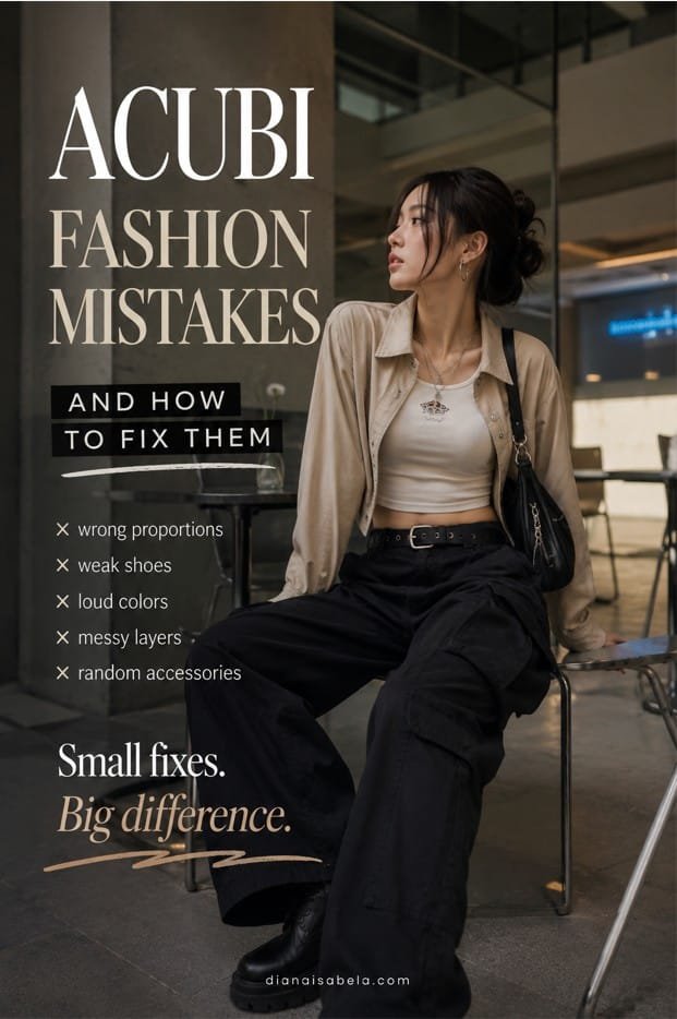 Acubi fashion mistakes guide with cargo pants, fitted top, black boots, layered shirt, shoulder bag, and styling fixes for balanced outfits
