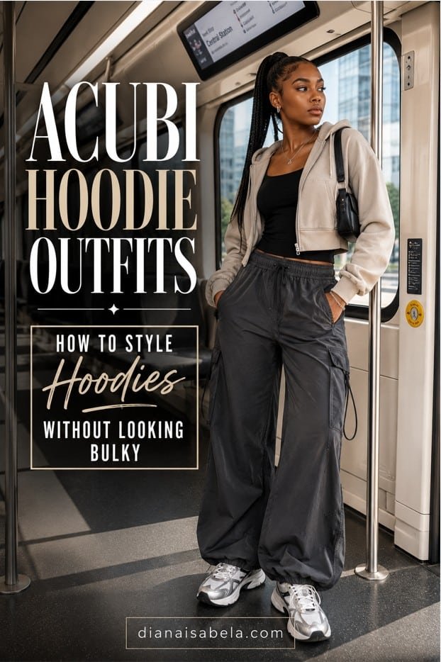 Acubi Hoodie Outfits: How to Style Hoodies Without Looking Bulky 3 Acubi hoodie outfit with cropped cream zip hoodie, black fitted tank, loose charcoal cargo pants, chunky sneakers, black shoulder bag, silver jewelry, and city transit styling