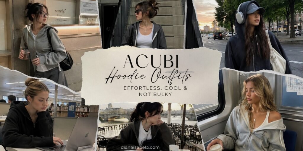 Acubi Hoodie Outfits: How to Style Hoodies Without Looking Bulky 2 Acubi hoodie outfit ideas with grey zip hoodies, black hoodies, fitted tanks, loose denim, cargo pants, chunky sneakers, black bags, headphones, and modern city styling