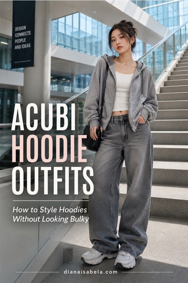 Acubi Hoodie Outfits: How to Style Hoodies Without Looking Bulky 5 Acubi hoodie outfit with grey zip hoodie, fitted white tank, loose grey denim, chunky sneakers, black shoulder bag, silver jewelry, and modern city styling