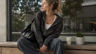 Acubi hoodie outfit with charcoal zip hoodie, white tank, loose grey denim, chunky sneakers, black shoulder bag, silver jewelry, and relaxed city cafe styling