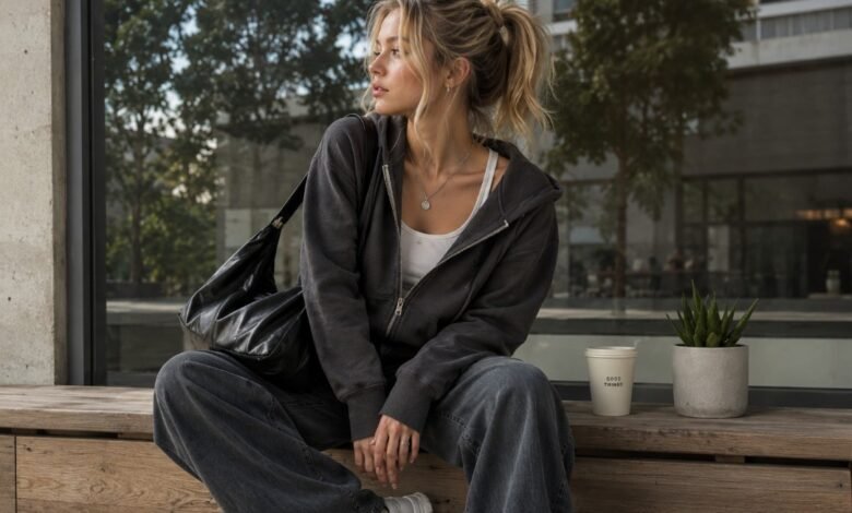 Acubi hoodie outfit with charcoal zip hoodie, white tank, loose grey denim, chunky sneakers, black shoulder bag, silver jewelry, and relaxed city cafe styling