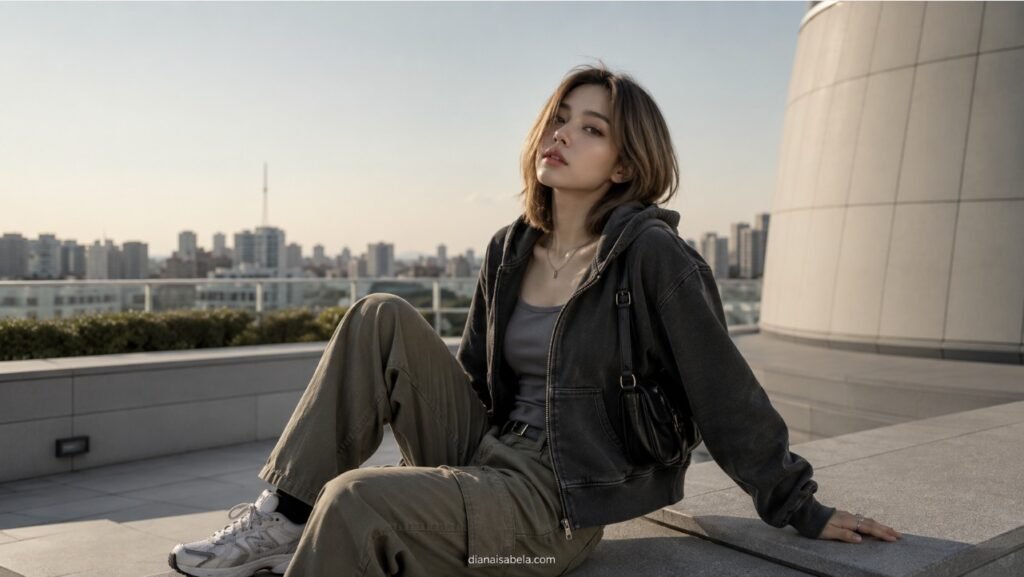 Acubi Hoodie Outfits: How to Style Hoodies Without Looking Bulky 4 Acubi hoodie outfit with charcoal zip hoodie, fitted grey tank, loose khaki cargo pants, chunky sneakers, black shoulder bag, silver jewelry, and modern rooftop city styling