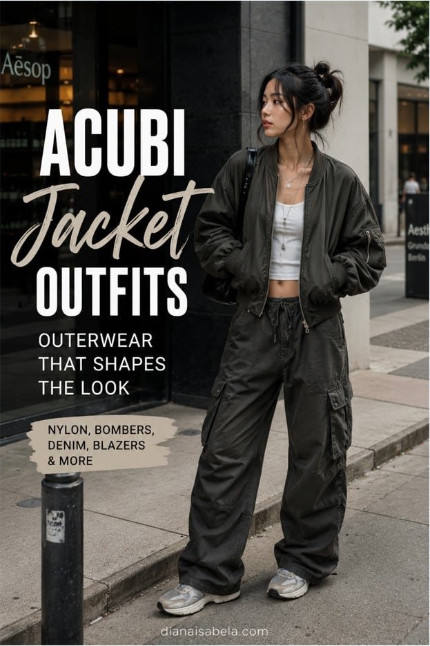 Acubi Jacket Outfits: How to Style Outerwear Without Losing the Shape 3 Acubi jacket outfit with oversized bomber jacket, fitted tank, loose cargo pants, chunky sneakers, black shoulder bag, silver jewelry, and modern city styling