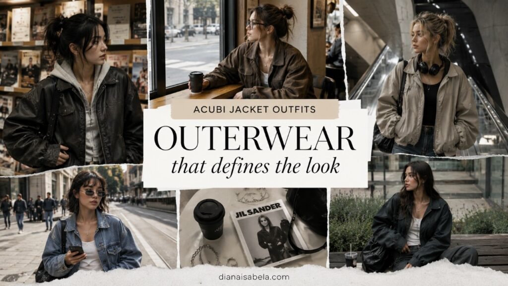 Acubi Jacket Outfits: How to Style Outerwear Without Losing the Shape 2 Acubi jacket outfit ideas with leather jackets, denim jackets, utility jackets, fitted tanks, loose denim, cargo pants, black bags, silver jewelry, and modern city styling