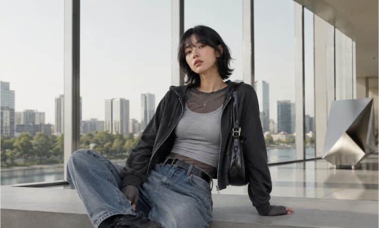 Acubi layering outfit with mesh top, grey fitted tank, black zip hoodie, baggy jeans, black shoulder bag, chunky sneakers, and muted city styling