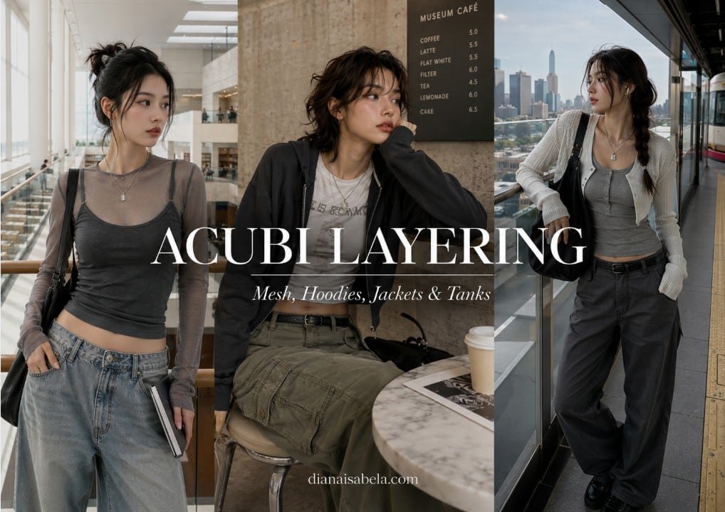 Acubi layering outfit ideas with mesh tops, cropped hoodies, fitted tanks, cardigans, loose denim, cargo pants, black bags, silver jewelry, and muted city styling