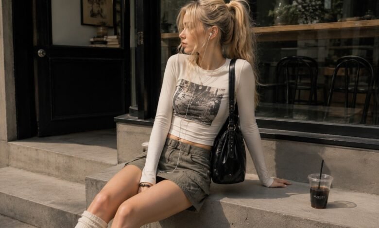 Acubi mini skirt outfit with white fitted graphic top, olive cargo mini skirt, black shoulder bag, white socks, silver jewelry, and relaxed city cafe styling