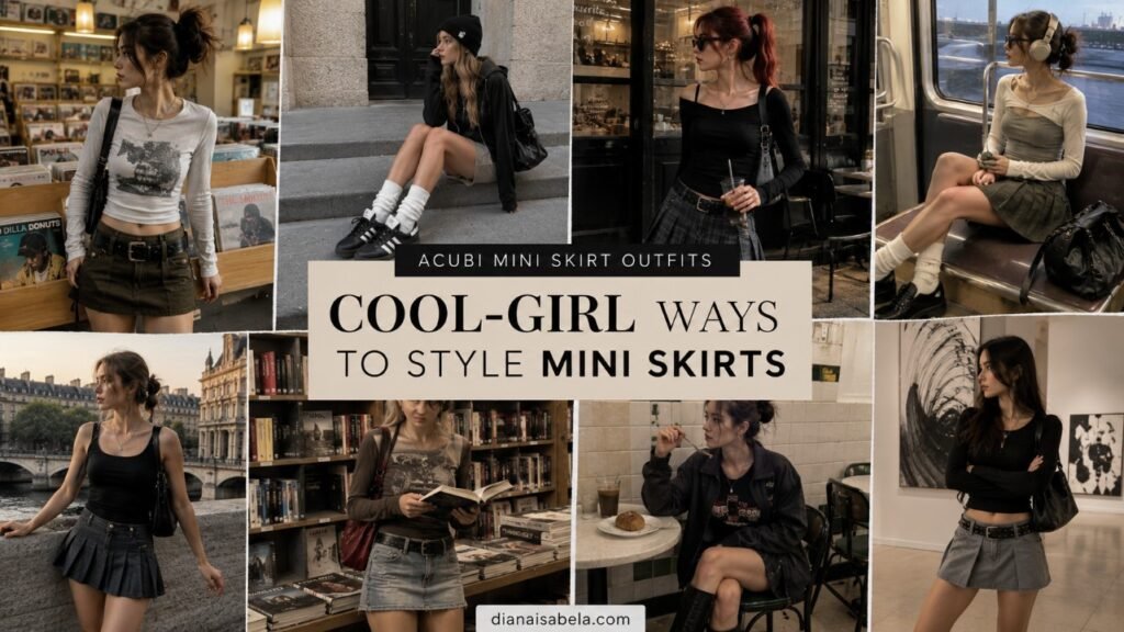 Acubi Mini Skirt Outfits: How to Style Short Skirts Without Looking Too Sweet 2 Acubi mini skirt outfit ideas with denim mini skirts, cargo mini skirts, fitted tops, oversized jackets, knee socks, boots, black bags, silver jewelry, and modern city styling