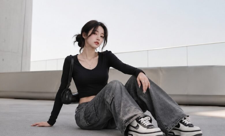 Woman sitting in an Acubi outfit with black fitted top, baggy grey jeans, chunky sneakers, shoulder bag, and silver jewelry