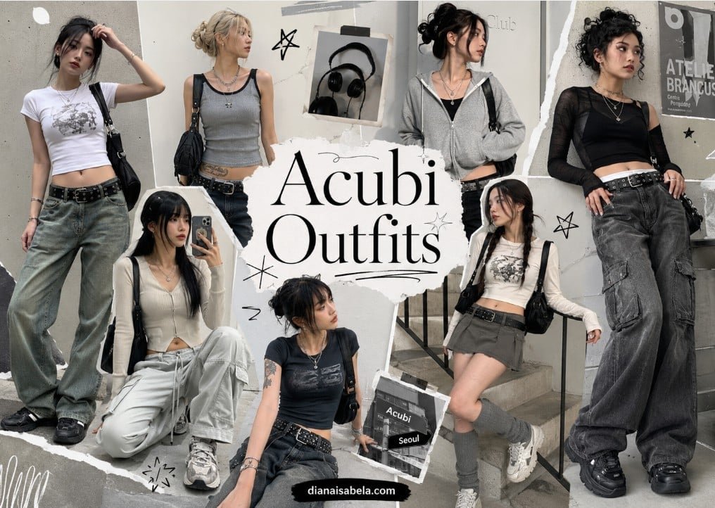 Acubi Outfits: Cool-Girl Outfit Ideas for Every Day 2 Acubi outfits collage with women wearing baby tees, grey hoodies, cargo pants, baggy jeans, mini skirt, chunky sneakers, shoulder bags, belts, and silver jewelry