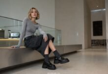 Acubi shoes outfit with black chunky loafers, dark socks, cargo skirt, fitted grey top, and modern city museum styling
