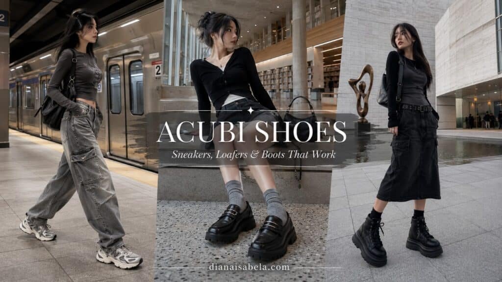 Acubi shoes styling ideas with chunky sneakers, heavy loafers, black boots, cargo pants, loose denim, skirts, and modern city outfits