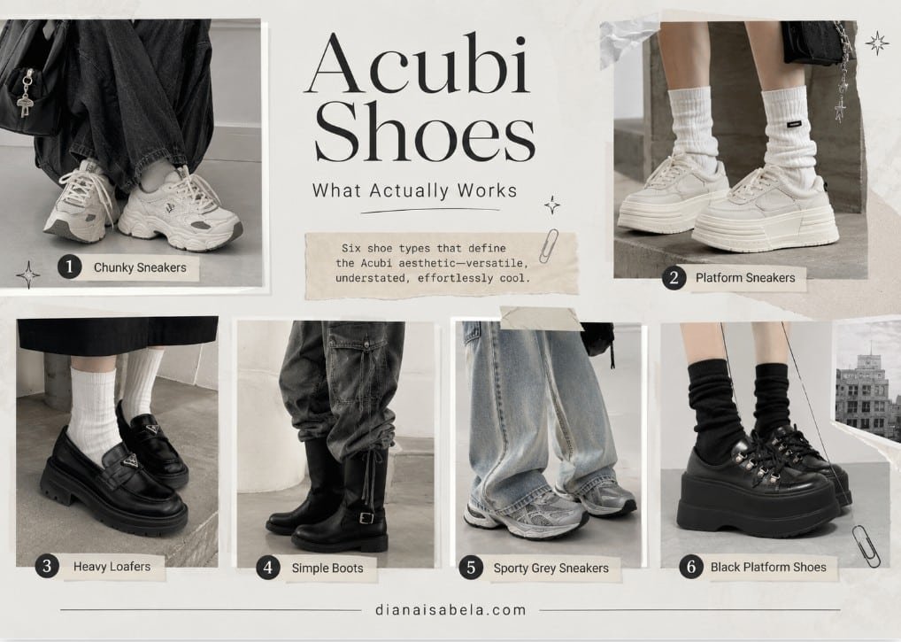 Acubi shoes collage with chunky sneakers, platform sneakers, heavy loafers, simple boots, sporty grey sneakers, and black platform shoes