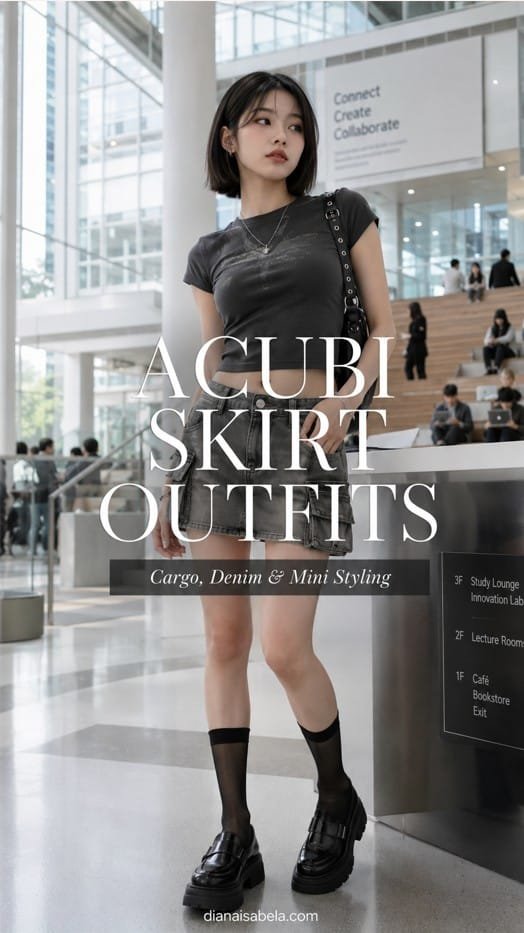 Acubi Skirt Outfits: How to Style Cargo, Denim and Mini Skirts the Acubi Way 3 Acubi skirt outfit with black baby tee, grey cargo mini skirt, black loafers, sheer socks, silver jewelry, black shoulder bag, and modern campus styling