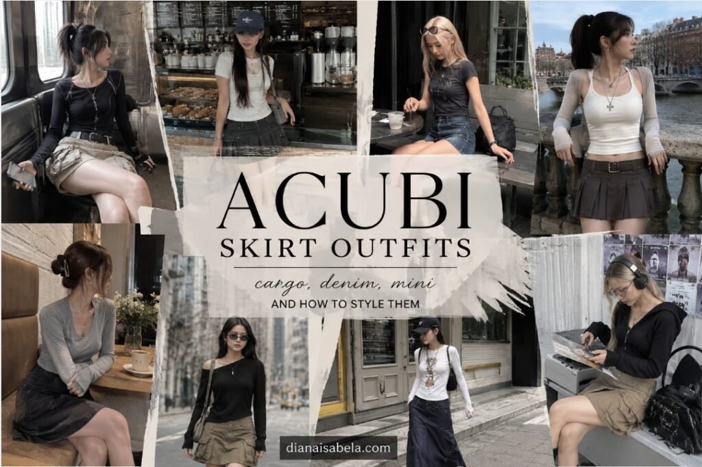 Acubi Skirt Outfits: How to Style Cargo, Denim and Mini Skirts the Acubi Way 2 Acubi skirt outfits with cargo skirts, denim skirts, mini skirts, fitted tops, mesh layers, black bags, chunky shoes, silver jewelry, and muted city styling