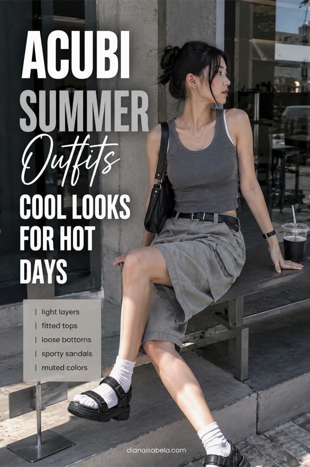 Acubi summer outfits with grey ribbed tank, cargo skirt, black shoulder bag, sporty sandals, white socks, silver jewelry, and muted city styling