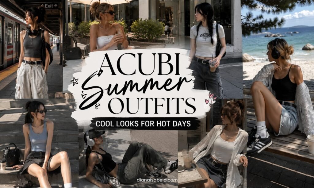 Acubi summer outfits with fitted tanks, loose denim, cargo skirts, black bags, sporty sandals, sunglasses, silver jewelry, and muted city styling