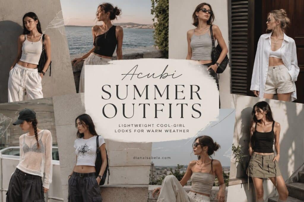 Acubi summer outfits collage with women wearing ribbed tanks, baby tees, mesh layers, loose parachute pants, cargo skirt, baggy shorts, chunky sneakers, black bags, and silver jewelry