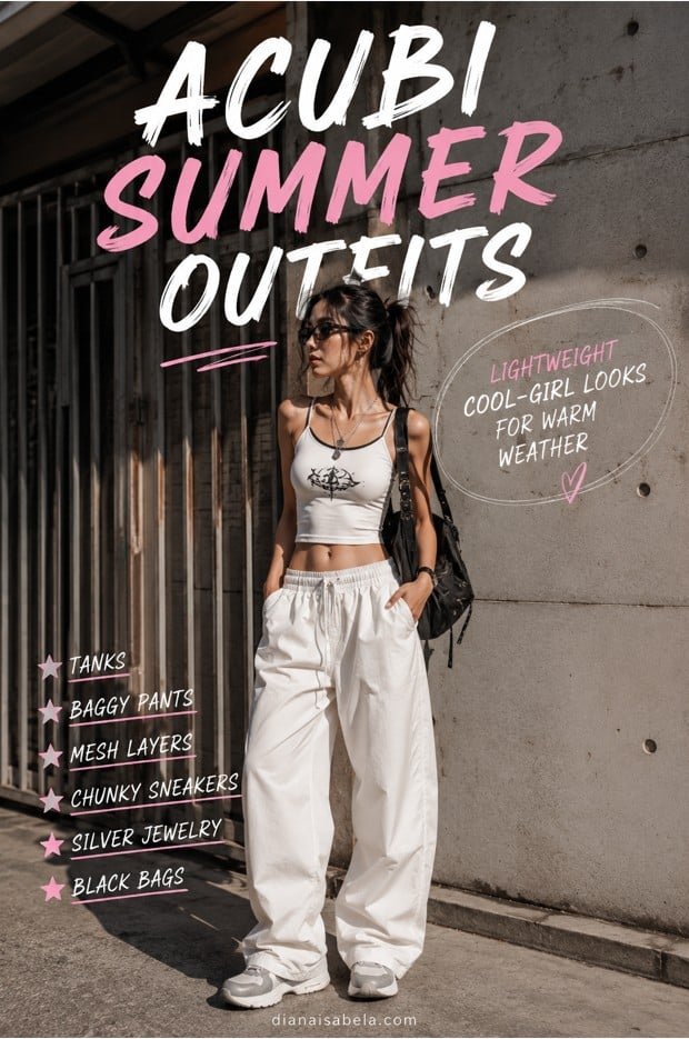 Acubi summer outfit with fitted tank, loose parachute pants, chunky sneakers, black bag, silver jewelry, sunglasses, and muted cool-girl streetwear styling