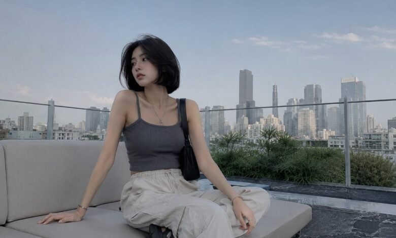 Acubi summer outfit with grey ribbed tank, cream cargo pants, black shoulder bag, black sandals, silver jewelry, and rooftop city styling
