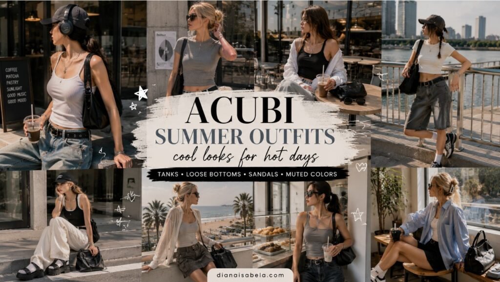Acubi summer outfits with ribbed tanks, cargo pants, denim shorts, sporty sandals, headphones, black bags, white layers, and muted warm-weather styling