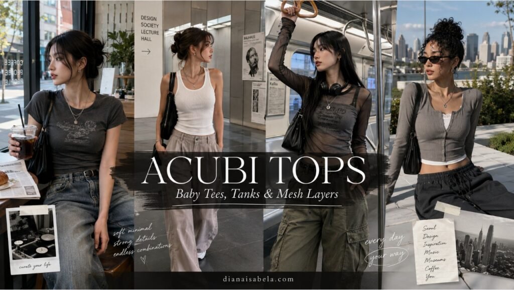 Acubi tops styling ideas with baby tees, ribbed tanks, mesh layers, loose denim, cargo pants, black bags, silver jewelry, and modern city outfit inspiration