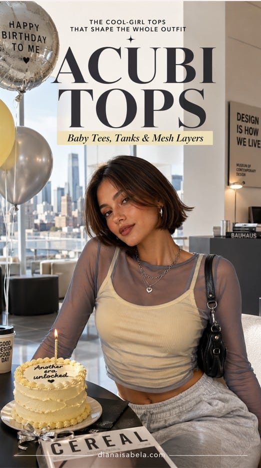 Acubi tops outfit with a yellow fitted tank, sheer mesh layer, silver jewelry, relaxed grey pants, and modern birthday city styling