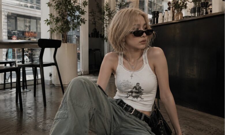 Acubi tops outfit with a fitted white tank, cargo pants, black shoulder bag, sunglasses, silver jewelry, and modern city cafe styling
