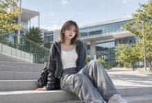 Acubi university outfit with grey zip hoodie, white fitted tank, loose grey cargo jeans, chunky white sneakers, black shoulder bag, silver jewelry, and modern campus styling
