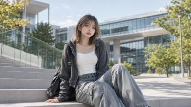Acubi university outfit with grey zip hoodie, white fitted tank, loose grey cargo jeans, chunky white sneakers, black shoulder bag, silver jewelry, and modern campus styling